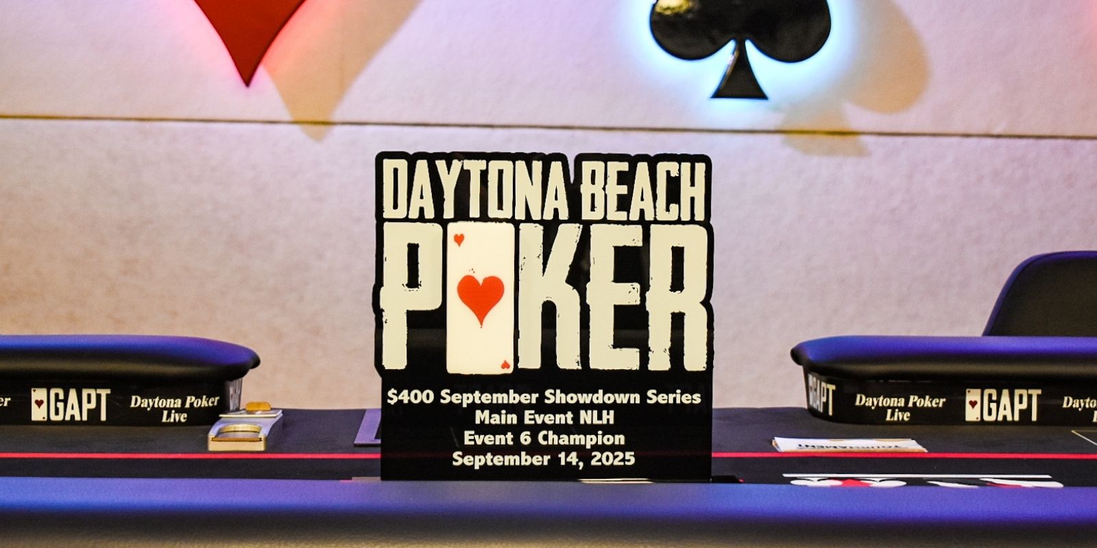 The daytona beach poker tournament logo is displayed on a table