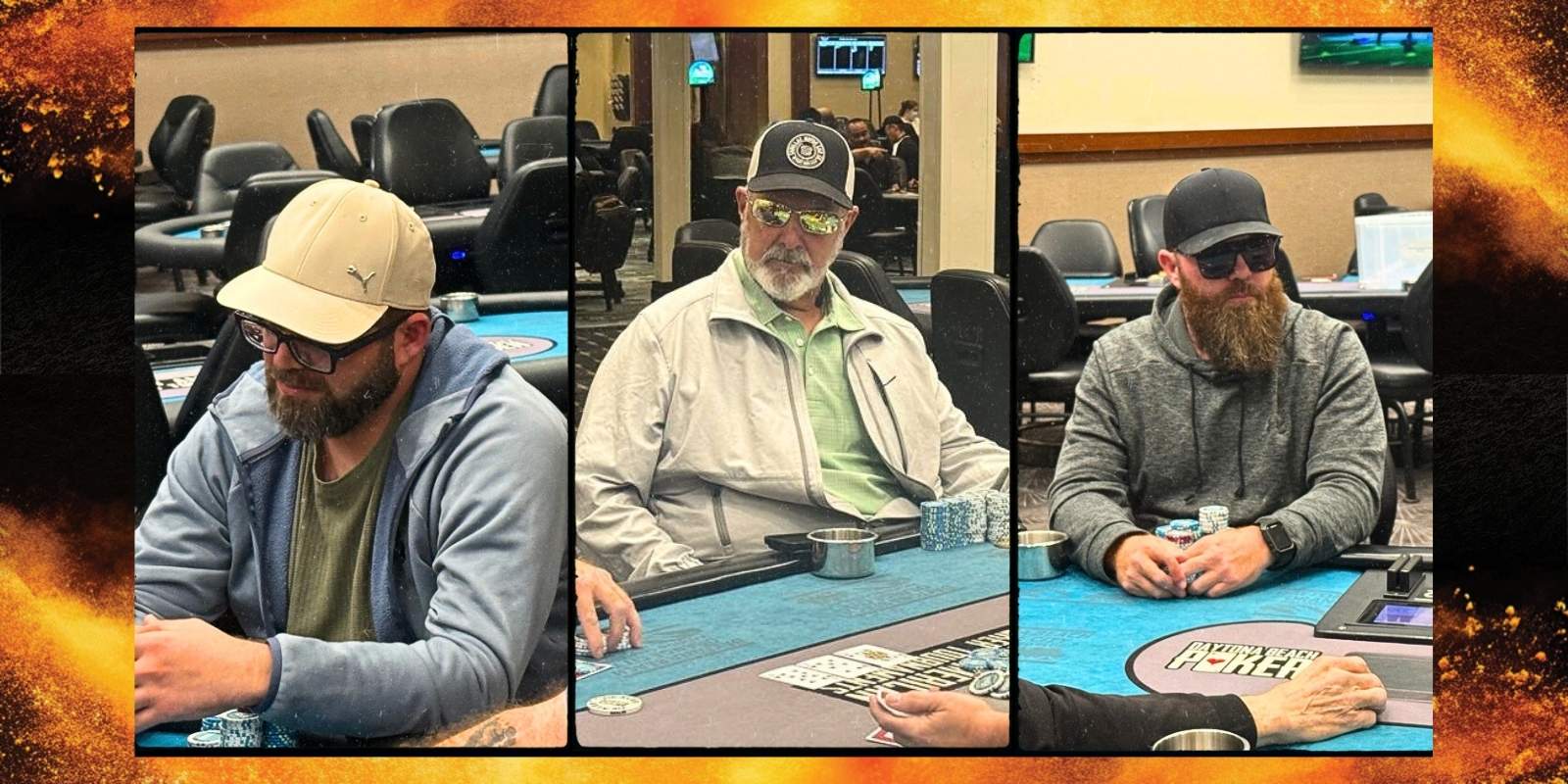 people wearing baseball hats at a poker table