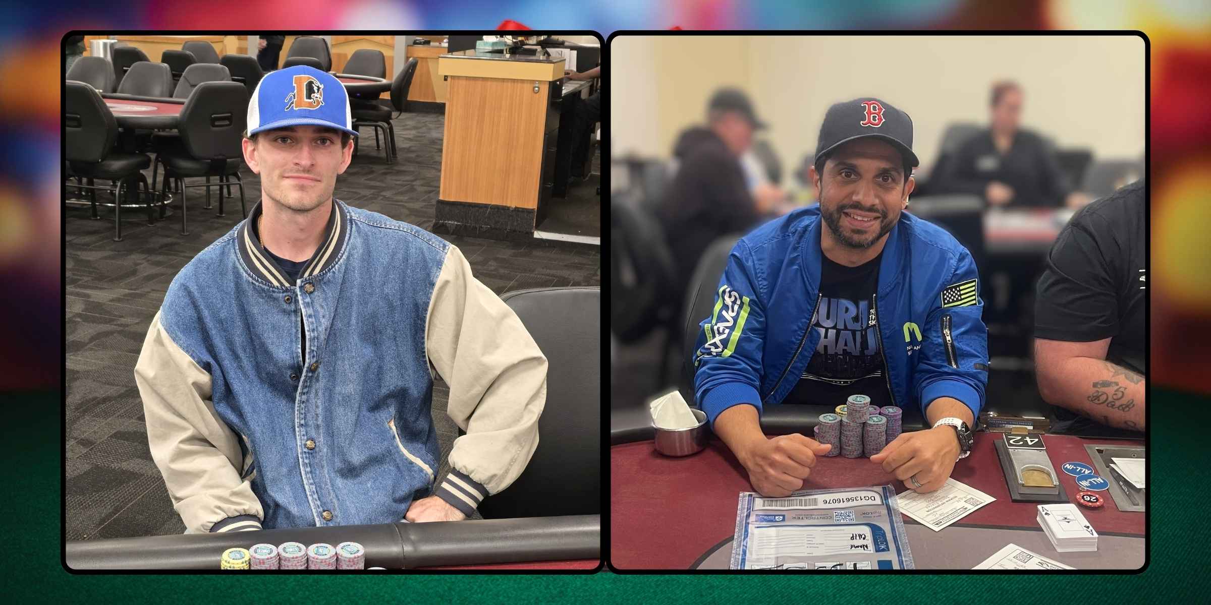 Two people in blue jackets sitting at a poker table