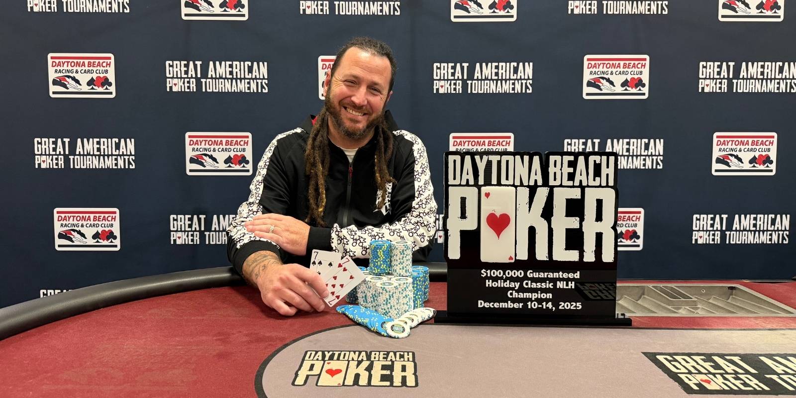 Phillip Krnyaich poses for his Holiday Classic victory. In his hand he holds pocket sevens.