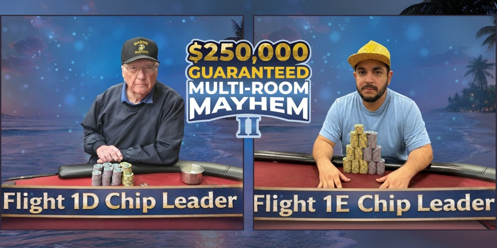 Two people wearing a baseball cap sits at a poker table with stacks of chips in front of a tropical beach backdrop.