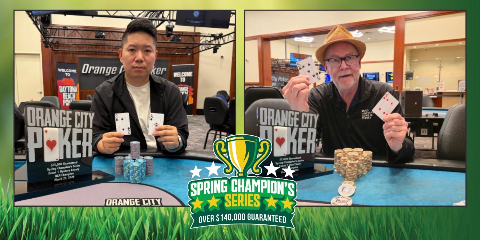 Two poker players showcasing their hands