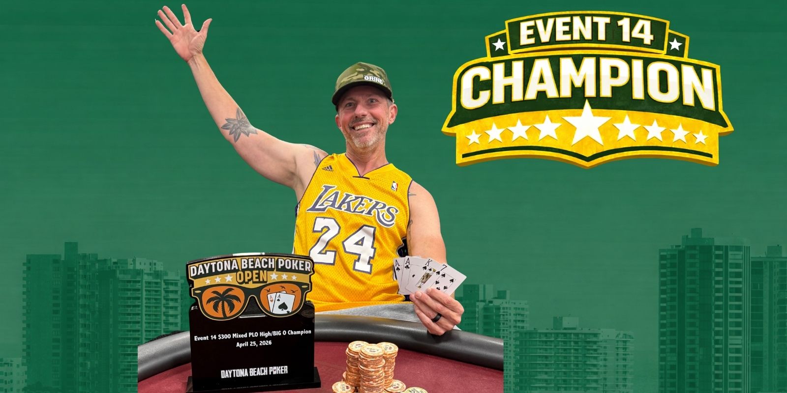 Poker champion celebrating with cards