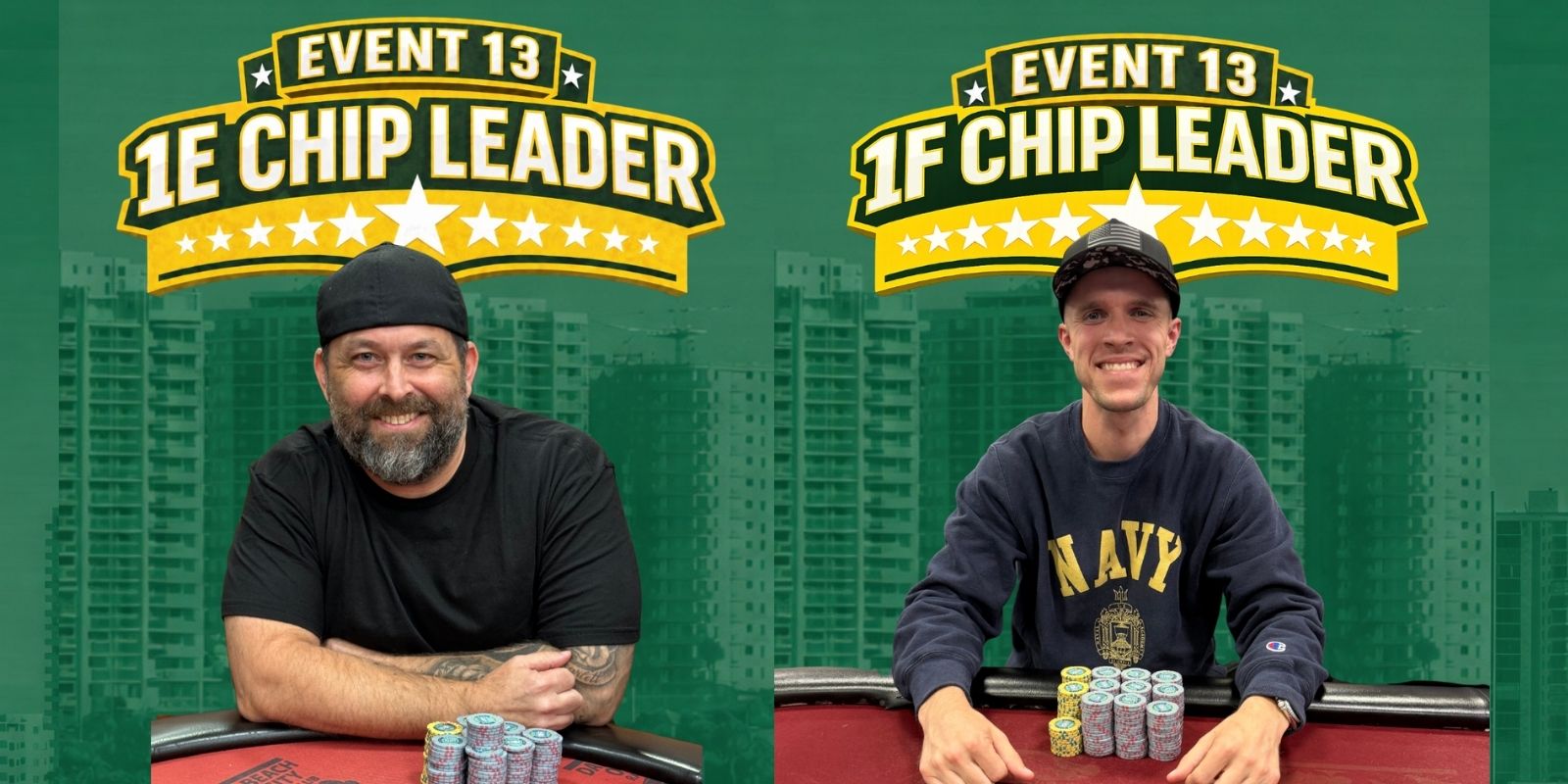 Two chip leaders with poker stacks