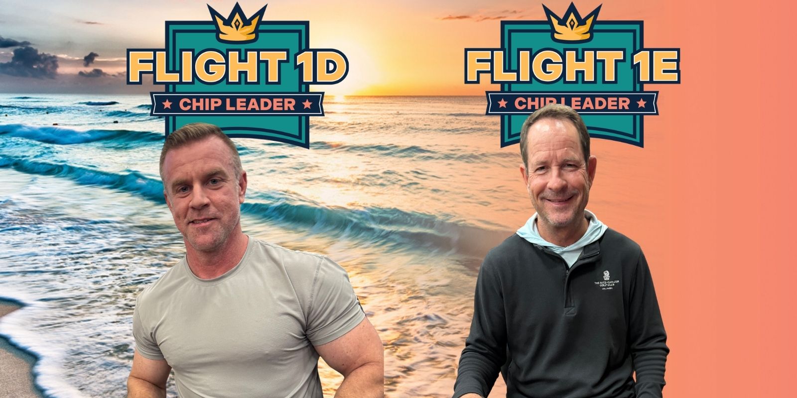 Two men with beach background, chip leaders
