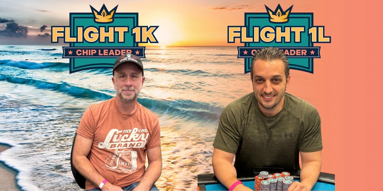 Two poker players with ocean backdrop.