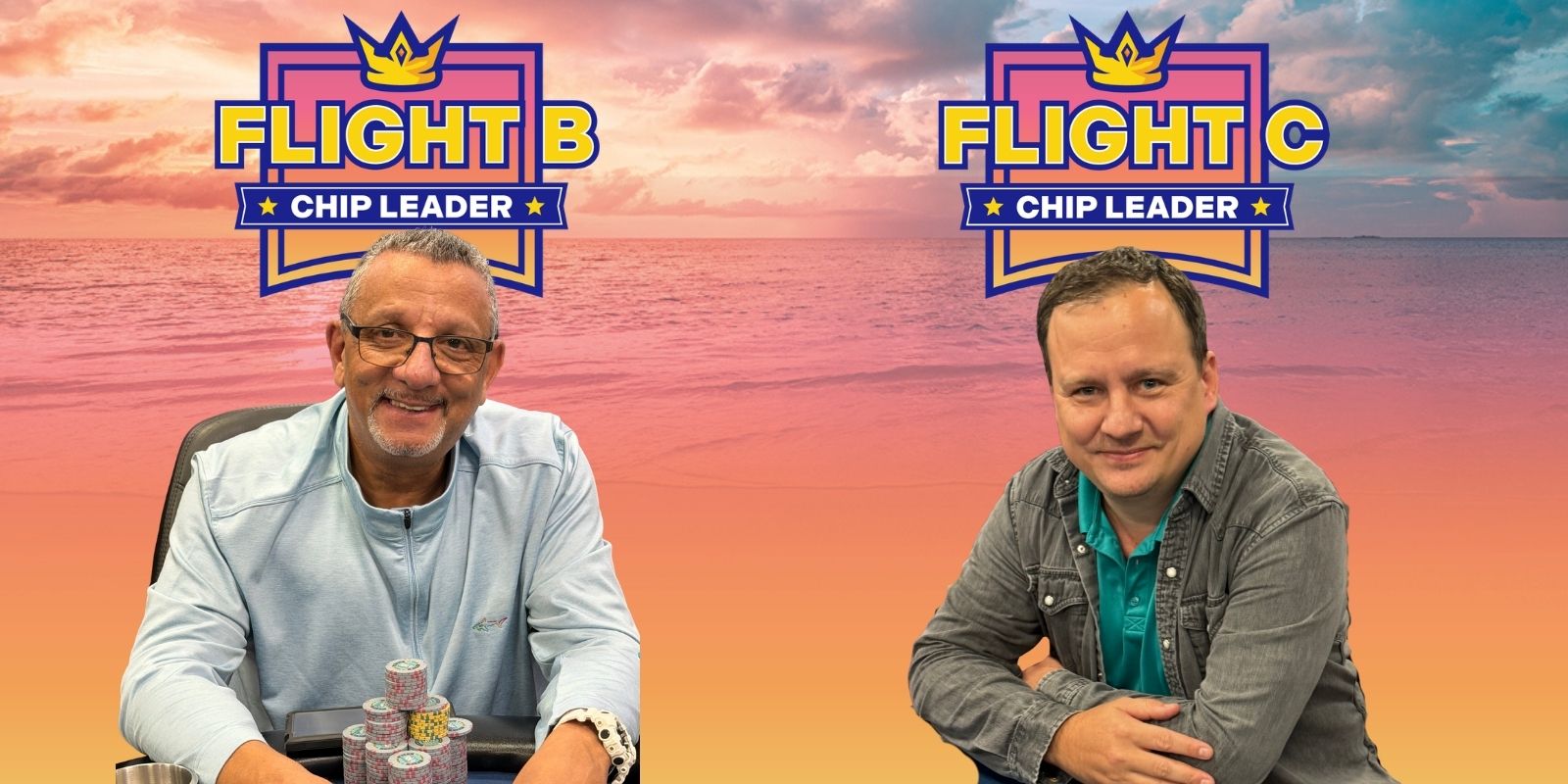 Two chip leaders at a poker event