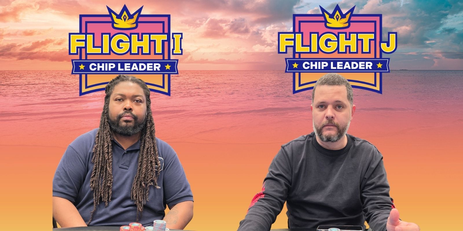 Two chip leaders at a poker table