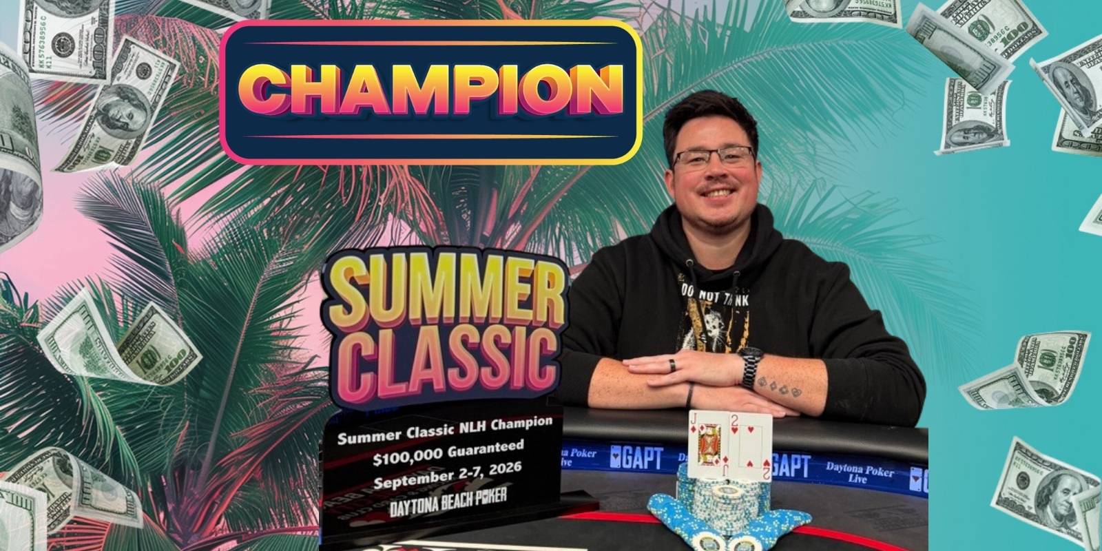 Poker champion with prize and decorations