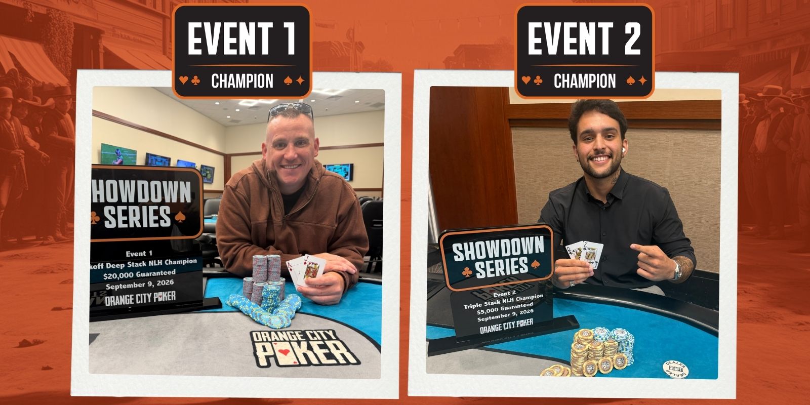 Two poker champions with trophies