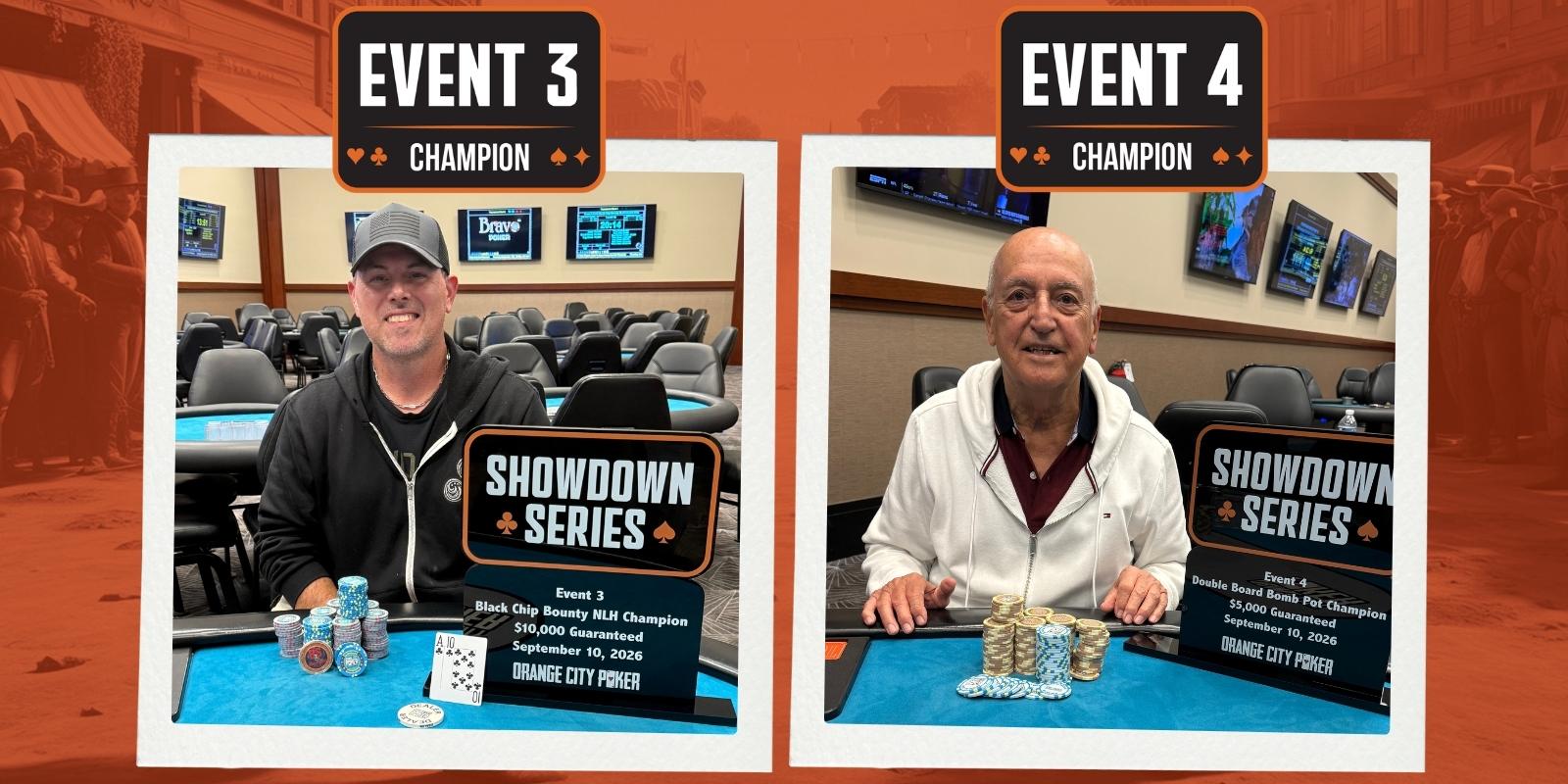 Two poker champions with trophies