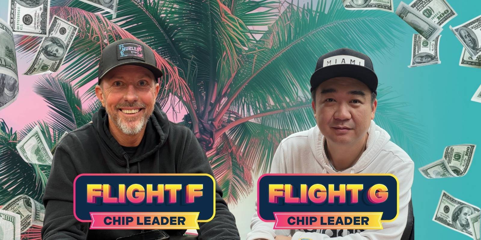 Two men with tropical background and money